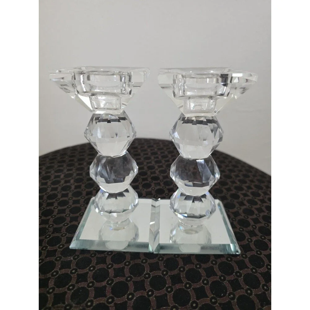 Art Deco CRYSTAL Set of 2  Gemstone Cut PRISM Pillar Candlestick Holder Pair